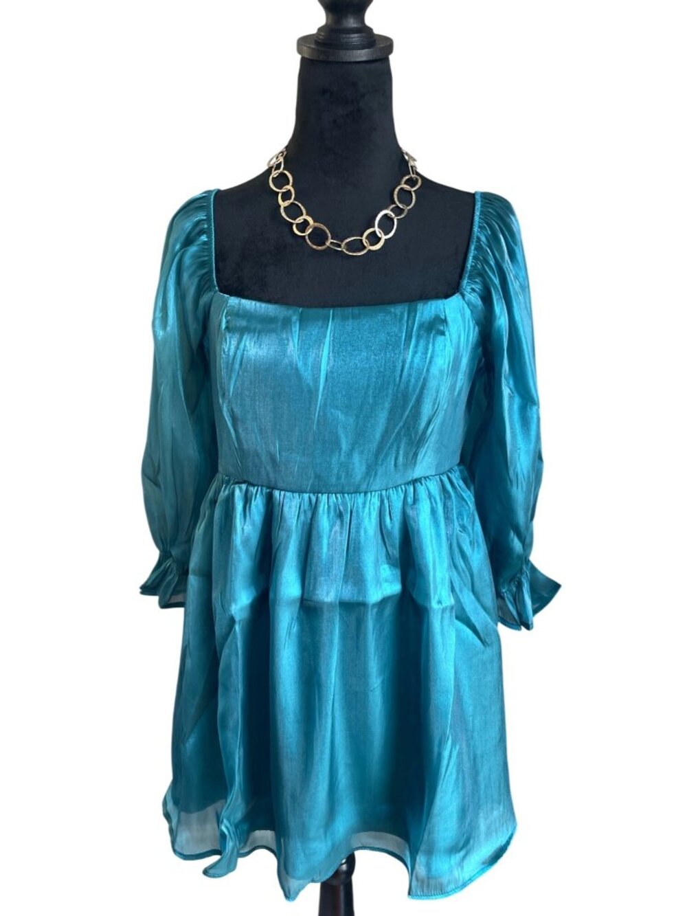NWT Thirty/Thirty Babydoll Mini Dress Women's XL Turquoise Puff Sleeve Sheer